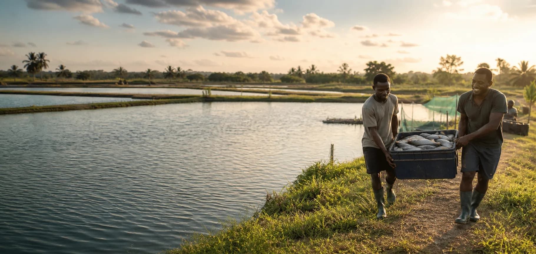 Fish farmers carrying a fresh harvest beside aquaculture ponds