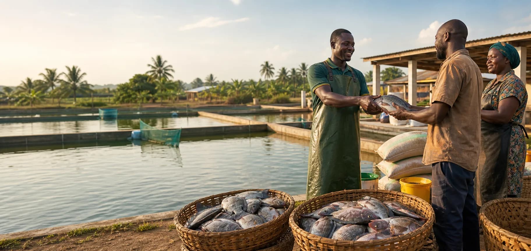 A Ghana fish farm harvest beside ponds with feed sacks and market baskets