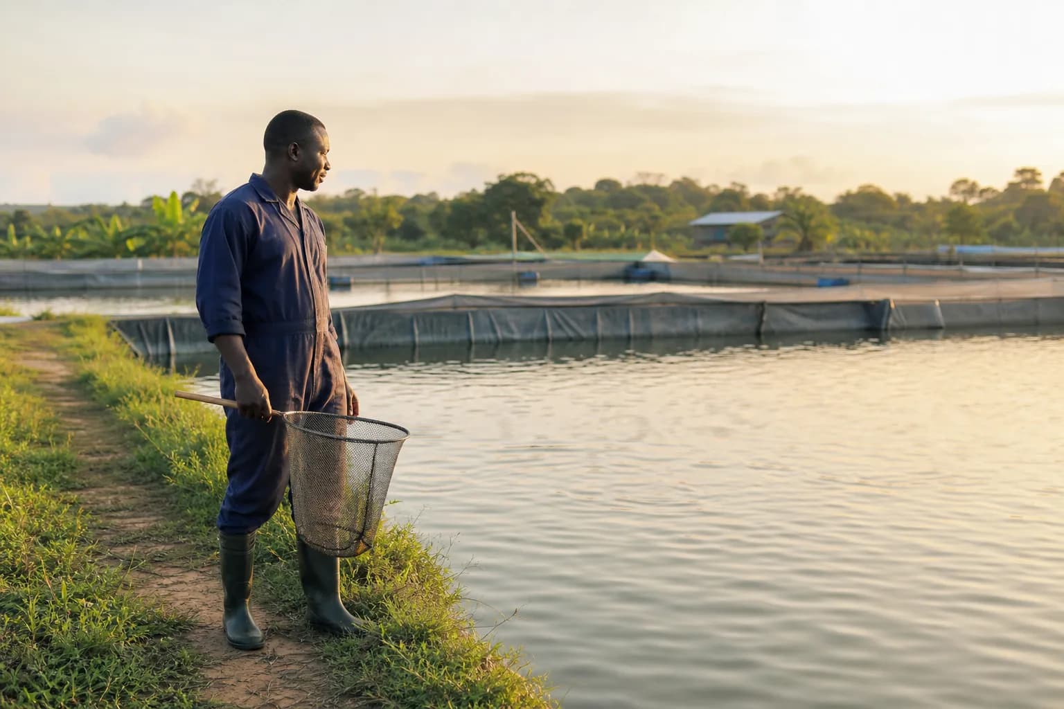Fish farmer beside aquaculture ponds